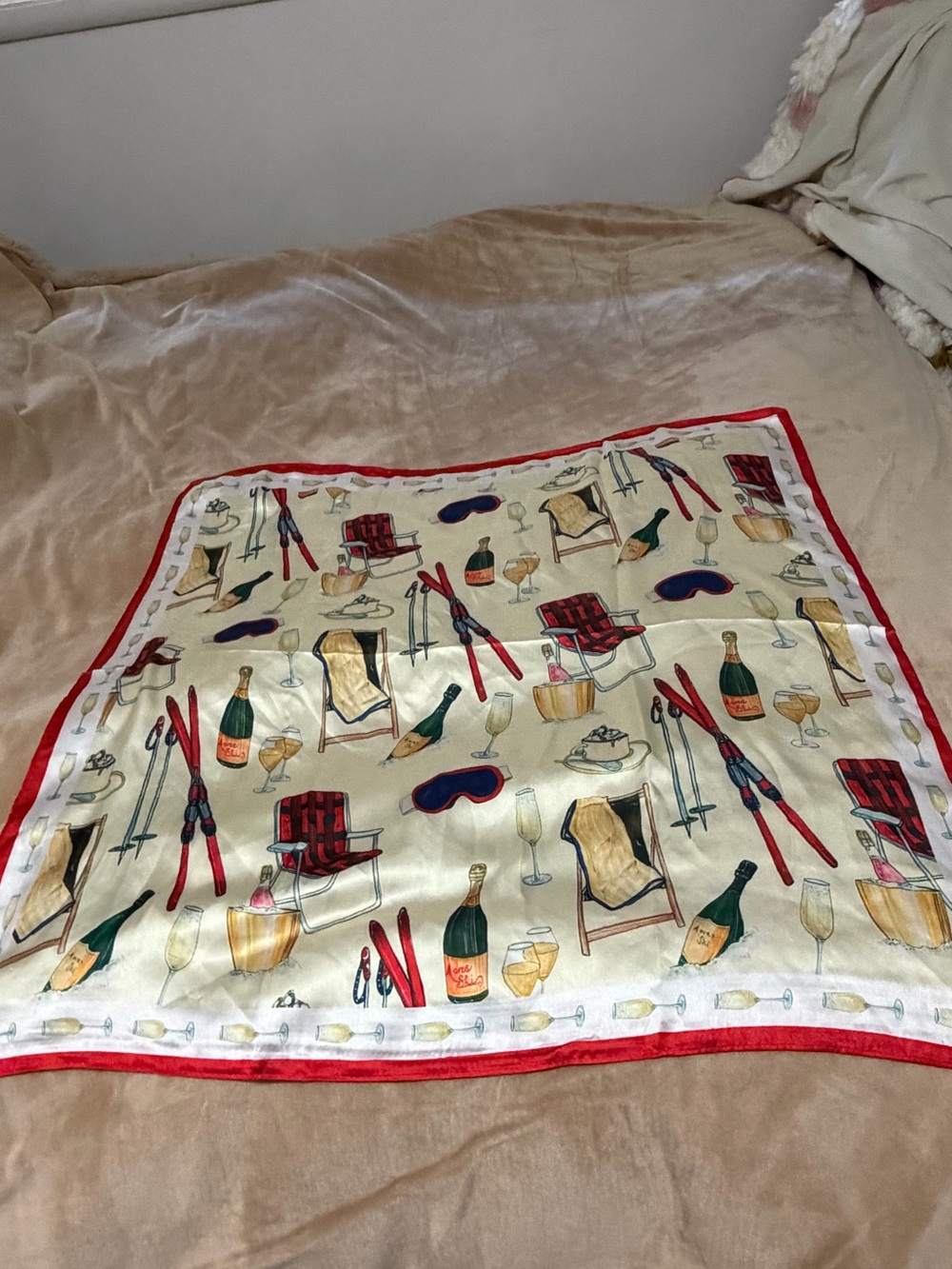 Anthropologie x Nikki Ackerman Silky Holiday-Themed Cream Scarf with Red Border